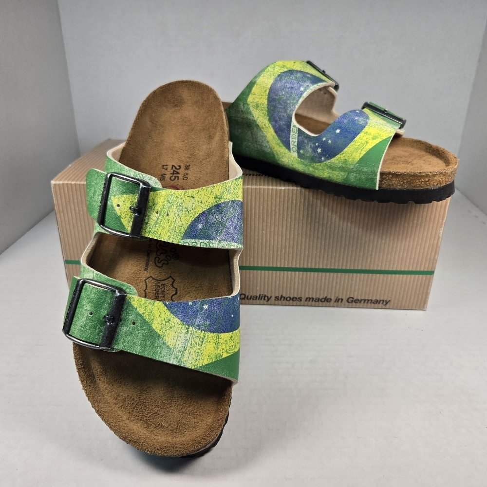 Birkenstock Birki's Santiago Brazil Flag Sandals EU38 Narrow US W7 M5 - Picture 1 of 8